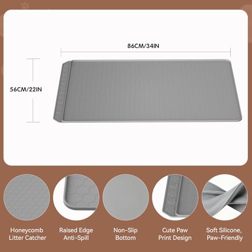 Silicone Cat Litter Mat, 34"x22" Large Waterproof Litter Box Mat with Honeycomb Wave Pattern, Non-Slip Easy Clean Litter Trapping Mat for Cat Litter Box Area Floor Protection (Gray)