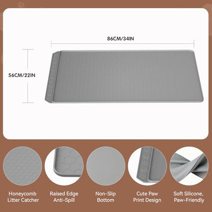 Silicone Cat Litter Mat, 34"x22" Large Waterproof Litter Box Mat with Honeycomb Wave Pattern, Non-Slip Easy Clean Litter Trapping Mat for Cat Litter Box Area Floor Protection (Gray)