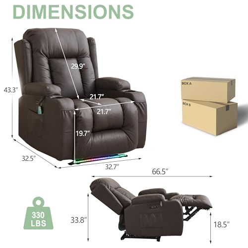 TUNYI Power Recliner Sofa with Massage & Heat Home Theater Seating with Console RV Recliner Sofa with USB/Storage/Side Pocket/LED Light/Speaker (Brown, 1PC) - color: Brown, size: 1 Seat