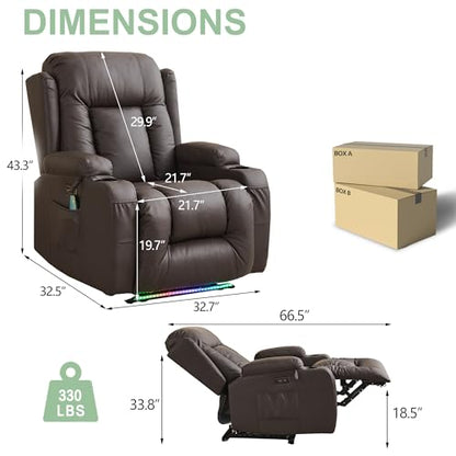 TUNYI Power Recliner Sofa with Massage & Heat Home Theater Seating with Console RV Recliner Sofa with USB/Storage/Side Pocket/LED Light/Speaker (Brown, 1PC) - color: Brown, size: 1 Seat