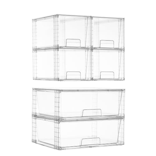 Vtopmart 6 Pack Stackable Storage Drawers, Easily Assemble Clear Plastic Organizer Bins, 2 Wide Drawers and 4 Medium Drawers for Pantry, Kitchen Cabinet, Bathroom, Closet Organization and Storage - style: 2 Wide+4 Medium