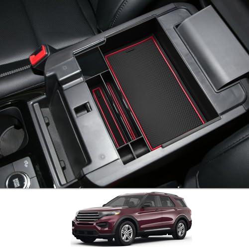 CDEFG for 2024 Explorer Center Console Organizer Tray Compatible with 2020-2024 Ford Explorer Accessories Middle Console Organizer Armrest Tray Storage Box (Red) - color: Red for 2020-2024 Explorer
