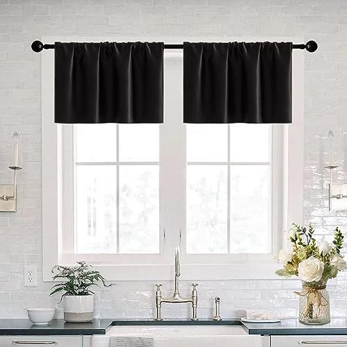 Basement Window Curtains 16 Inch Length,2 Pack/Wide Enough Ruffle Rod Pocket Small Waterproof Blackout Valances for Living Room Modern Decor Bedroom RV Camper Bathroom Windows,Valance Only,Black - color: Black, size: 30"W x 16"L (Pack of 2)