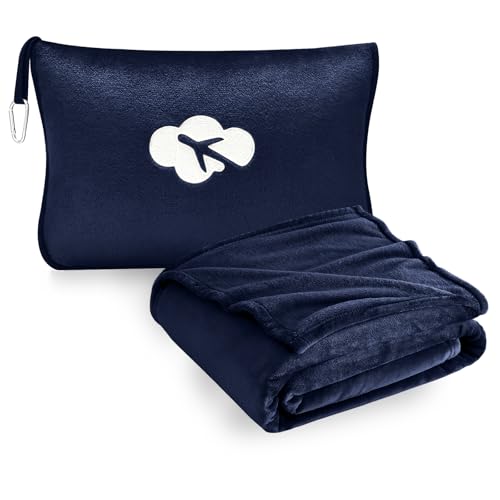 Travel Blanket and Pillow Compact, Premium Soft 2 in 1 Airplane Blanket with Soft Bag Pillowcase，Hand Luggage Sleeve and Backpack Clip (Navy) - color: Navy
