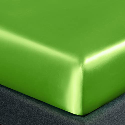Homiest 3pcs Satin Sheets Set Luxury Silky Satin Bedding Set with Deep Pocket, 1 Fitted Sheet + 1 Flat Sheet + 1 Pillowcases (Twin Size, Lime Green) - color: Lime Green, size: Deep pocket - Twin size