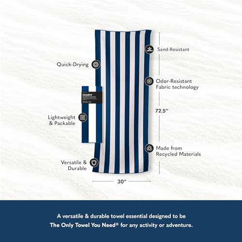Nomadix Original Towel - Perfect for Beach, Pool, Travel, Camping, Yoga - Made with Recycled Materials - Super Absorbent - Sand Resistant - Cabana Stripe Dark Blue - 72.5x30 - color: Cabana Stripe Dark Blue