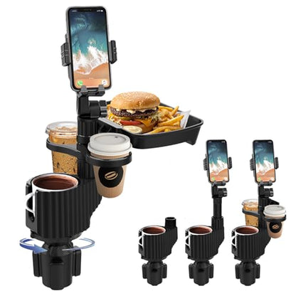 Car Cup Holder Tray - 5 in 1 Adjustable Car Cup Holder Expander with Food Tray Table and Phone Mount for All Purpose, Automotive Essentials for Driver and Front Passenger