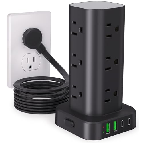 Power Strip Tower with Multiple Outlets, Flat Plug Surge Protector Tower Extension Cord with 12 AC Outlets 4 USB Ports (2 USB C), 10FT Cord Power Tower Surge Protector for Home Office Dorm Room, Black - color: Black, size: 10FT without Wireless Charging