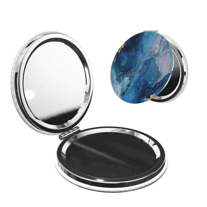 Navy Blue Gold Marble Agate Style Print Foldable Travel Pocket Mirror Round PU Leather Portable Mini Makeup Double Sided Handheld Magnifying,2.6 in - color: Navy Blue Gold Marble Agate Style