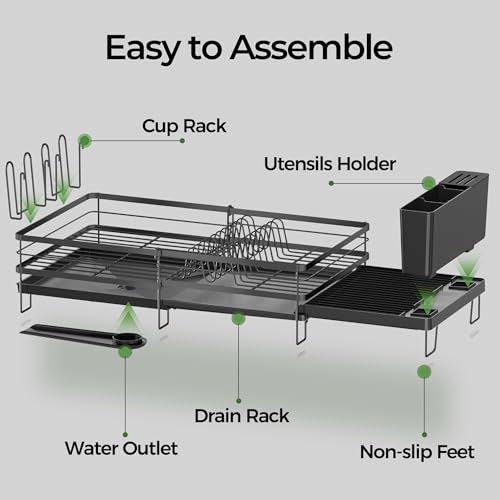 Large Dish Drying Rack, Expandable Dish Rack, Stainless Steel Dish Racks for Kitchen Counter, Multifunctional Dish Drainer with Utensil & Cup Holder, 13.4"-28.7" L x 11.8" W, Black - color: Black, size: 1 Tier