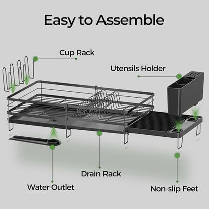 Large Dish Drying Rack, Expandable Dish Rack, Stainless Steel Dish Racks for Kitchen Counter, Multifunctional Dish Drainer with Utensil & Cup Holder, 13.4"-28.7" L x 11.8" W, Black - color: Black, size: 1 Tier