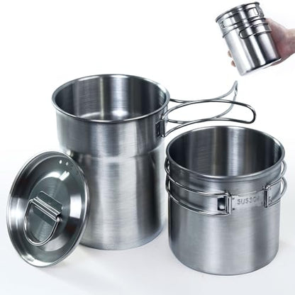 KOKKOYA Foldable Camping Cups Mugs Camping Pot Cookware 304-Food-Grade Outdoor Camp Cooking Set with Vented lid,Stainless Steel Backpacking Cookware for Hunting - color: silvery