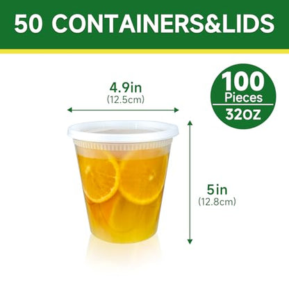 Dealusy 50 Set 32 oz Deli Containers with Lids, Leak-Proof BPA Free Plastic Take Out Bowls, Food Storage Containers for Takeout Meal Prep Storage, Freezer, Microwave & Dishwasher Safe - size: 32 oz