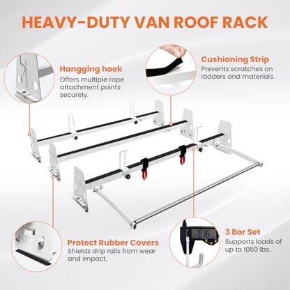 Van Roof Ladder Rack Fit for 1996-2025 Chevy Express 1500/2500/3500 Vans, with Rear Roller, 850 lbs Heavy Duty, 3 Adjustable Crossbars (48"-67"), Rain Gutter Mounts, No Drill
