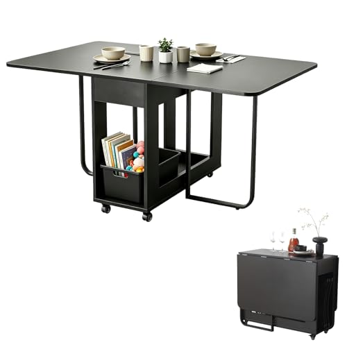 Folding Dining Room Table with Two Drawers for 4/6 with Space Saving Drop Leaf Table,Lockable Wheels & Storage, Heavy Duty Plywood Top 300lb, Convertible Desk for Apartments/RV/Home Office - color: Black-1