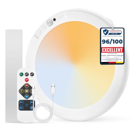 Combuh Battery Operated Shower Light Waterproof Inside, Rechargeable Motion Sensor Ceiling Lights Battery Powered with Remote, No Wiring Magnetic Cordless LED Overhead Lighting for Closet Hallway - color: 3CCT-White, size: 1 Pack
