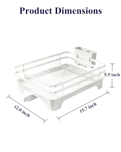 Kitsure Dish Drying Rack - Multi-Functional Dish Rack for Kitchen Counter with Cutlery Holder, Rust-Proof Storage Solution with Rotatable, 15.7" x 12.0" x 5.5", White - color: White