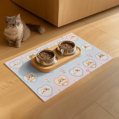 HOMETITUTE Cat Food Mat Pastel Heart Kitten Print, Non-Slip Elegant Pet Bowl Placemat for Indoor Cats, 20" x 12" - color: colorful1