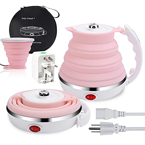 Upgrade Travel Kettle, ShineMe Food Grade Silicone Dual Voltage 110-220V Ultrathin Portable Electric Water Kettle with Cup, Universal Adaptor and Detachable Power Cord, 555ML (Pink) - color: Collapsible Kettle Pink