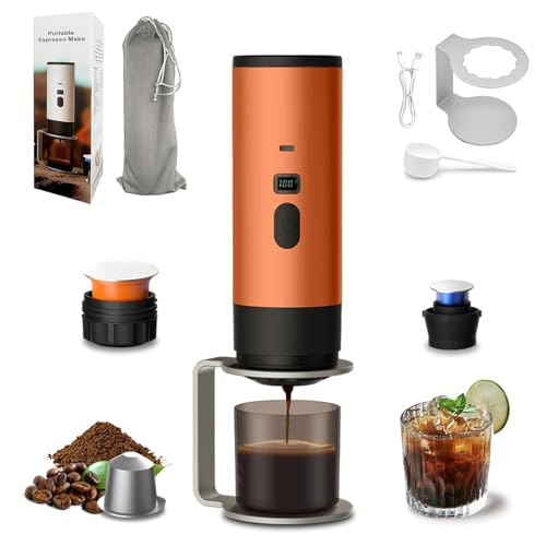 3-in-1 Portable Coffee Maker, 15 Bar Portable Espresso Machine with LED Display and 90ml Sink, Travel Coffee Maker Self-Heating Compatible with Ground Coffee & Capsules(Ns&DG) for RV, Office (Orange) - color: Orange