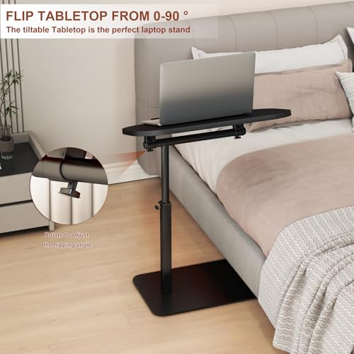 Solid Wood C Shaped Side Table for Sofa/Bed, Adjustable Height C Shaped End Table Metal Base, 360°Swivel/Flip Top Couch Tables That Slide Under, Small Spaces Laptop Stand Coffee Table (Black) - color: Black