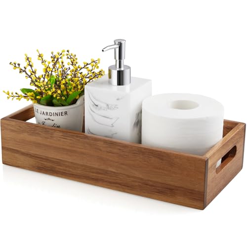 ALELION Acacia Wood Bathroom Storage Basket for Organizing - Toilet Paper Basket with Handle for Back of Toilet Tank Top Topper - Small Narrow Baskets for Kitchen Pantry Garage Laundry Room Storage - color: Acacia Wood