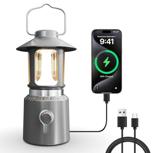 Rechargeable Camping Lantern, 8000mAh Telescopic Camping Light - 3 Light Modes, Adjustable Brightness & Height, Up to 80hrs Lasting - Vintage Lantern for Camping & Hiking (Silver) - color: Silver