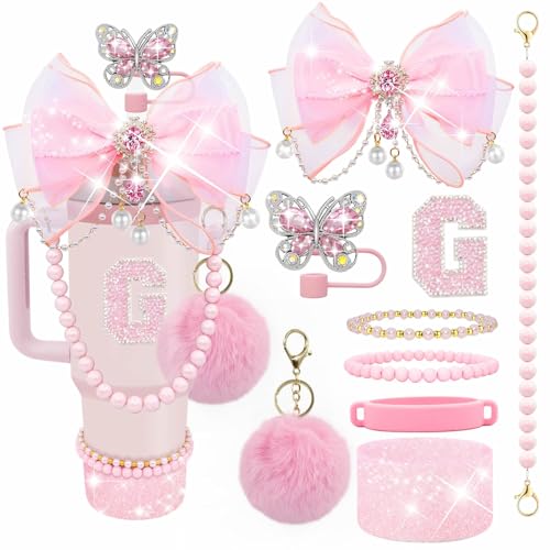 Letter Stickers Bling Accessories Set for Stanley 40/30/20 oz Tumbler: Bow Straw Topper, Charms, Butterfly Cap, Pearl Strap, Silicone Boot, Accessories for Stanley Quencher H2.0 - color: Pink Peony, style: G