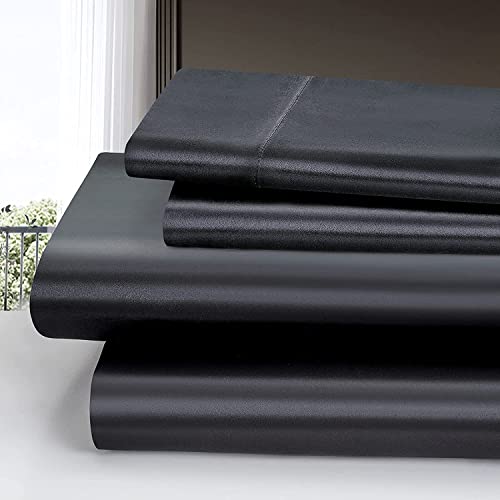 Homiest 3pcs Satin Sheets Set Luxury Silky Satin Bedding Set with Deep Pocket, 1 Fitted Sheet + 1 Flat Sheet + 1 Pillowcase (Twin XL Size, Black) - color: Black, size: Deep pocket - Twin XL size