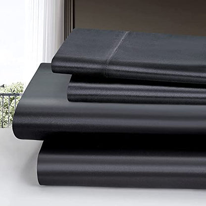 Homiest 3pcs Satin Sheets Set Luxury Silky Satin Bedding Set with Deep Pocket, 1 Fitted Sheet + 1 Flat Sheet + 1 Pillowcase (Twin XL Size, Black) - color: Black, size: Deep pocket - Twin XL size