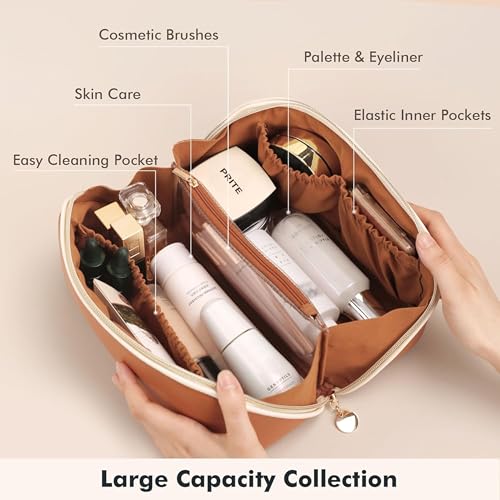 Prite Makeup Bag for Women Travel Waterproof Vegan Leather Cosmetic Bag Open Flat Toiletry Bag With Clear Divider and Handle (New Brown, Medium) - color: New Brown, size: Medium