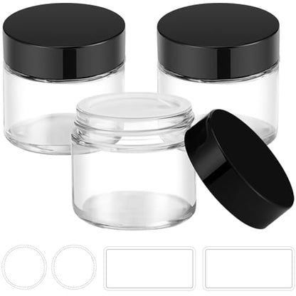 Small Glass Jars with Lids, 3 pack 2 oz Bumobum Clear Jars with Black Lids, Blank Labels & Inner Liners, 60 ml Empty Round Cosmetic Containers for Sample, Powder, Cream, Lotion, Spice