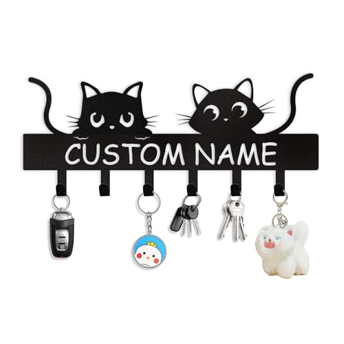 Personalized Metal Key Holder for Wall, Cat Key Holder Wall Mount, Custom Name Cat Coat Key Rack with Hook, Key Hanger Gifts for Cat Lovers, Cute Key Holder Organizer for Entryway Bedroom Decor - color: 03 Cat