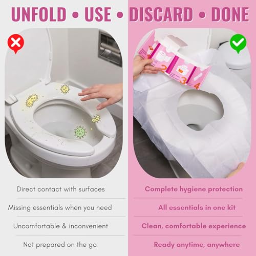 The Restroom Kit Plus: All-in-One Hygiene Travel Kit for Women, 12-Pack with Panty Liner, Patented Seat Cover, 3-Ply Toilet Paper, and Wipes - color: Pink, size: 12 Count (Pack of 1)