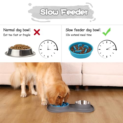 MateeyLife Dog Food and Water Bowl Set 3 in 1, Slow Feeder Dog Bowls & Stainless Steel Water Bowl with Non-Spill Silicone Mat, Cat and Puppy Bowls Pet Dishes for Small Medium Large Breed Anti-Choking - color: Gray, size: Small