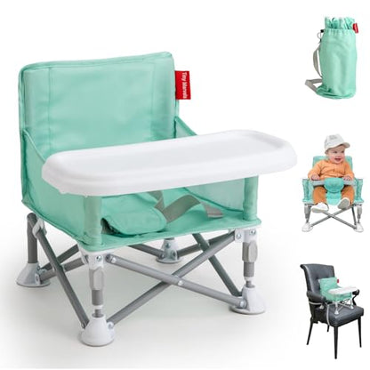 Tiny Marvels Baby Chair, Portable & Foldable for Travel & Beach, Ages 6M-3Y | BPA-Free Material, 3-Point Harness, 3-in-1 Baby Chair, Removable Tray & Carry Bag, Sturdy with Reinforcement, Non-Slip Feet - color: Green