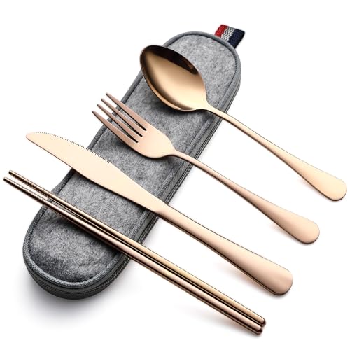 DEVICO Camping Utensils, Full-Size Reusable Silverware for Lunch Adult, Stainless Steel Travel Cutlery Set with Case, Portable Fork Spoon Knife Set for Work, Flatware with Chopsticks (Rose Gold) - color: Rose Gold