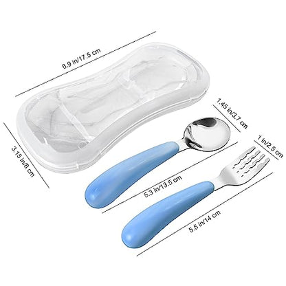 VANRA 2 Pieces Toddler Fork and Spoon Set with Travel Case 18/8 Stainless Steel Toddler Utensils Kids Silverware Children Flatware Child Cutlery Set for School Lunch Box (Blue) - color: Blue