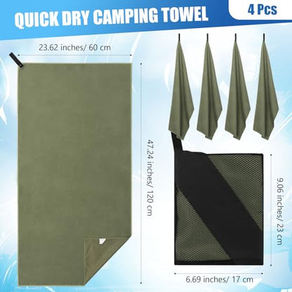Hahafelt 4 Pcs Quick Dry Camping Towel Absorbent Microfiber Travel Towel 47.24'' X 23.62'' Travel Wash Cloth Set for Backpacking Camping Beach Gym Sports Yoga Swimming Pool - color: Army Green