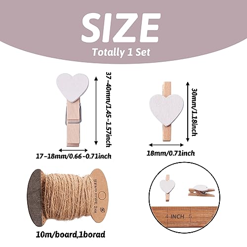 Pandahall 100pcs White Heart Clothespins Wooden Photo Paper Peg Pin Craft Clips with 10.9 Yards Natural Jute Twine for Paper Photo Display Hanging Home Party Wedding Decoration