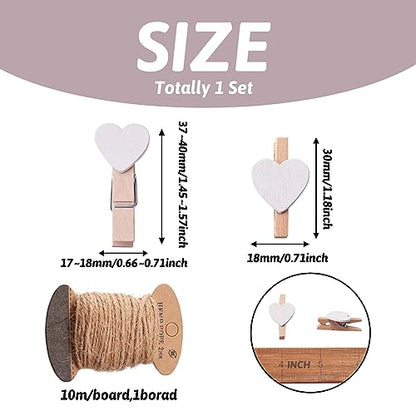 Pandahall 100pcs White Heart Clothespins Wooden Photo Paper Peg Pin Craft Clips with 10.9 Yards Natural Jute Twine for Paper Photo Display Hanging Home Party Wedding Decoration