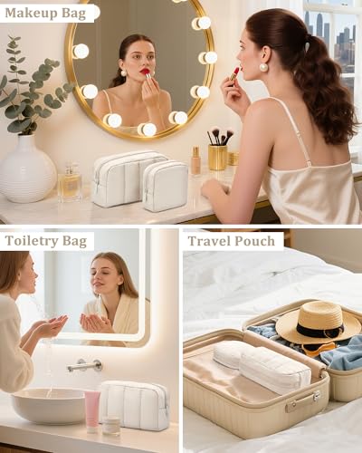 oscaurt 2 Pcs Makeup Bag Travel Toiletry Bag for Women Puffy Padded Cosmetic Pouch Purse Wide-open Makeup Organizer Case Travel Essentials - color: Khaki-Set
