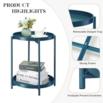 danpinera 2-Tier End Table, Outdoor Side Table Metal Round Side Table with Removable Tray, Small Accent Table, Anti-Rust Nightstand for Bedroom Balcony Patio Living Room (Navy Blue) - color: Navy Blue