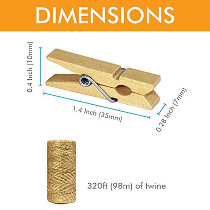 Mini Wooden Clothespins With Jute Twine, 100pcs, 1.4 Inch Photo Paper Peg Pin Craft Clips With 320ft Twine for Scrapbooking, Arts & Crafts, Hanging Photos (Natural Color) - color: Natural