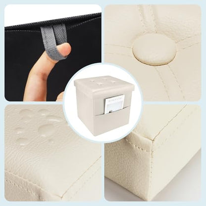 Bsketa Storage Ottoman Foot Rest Stool, Small Leather Storage Ottomans Bench, Folding Footstool with Side Pockets, Foot Rest Under Desk for Living Room Bedroom, 15x15x15 in, Beige - color: Beige-with Side Pockets