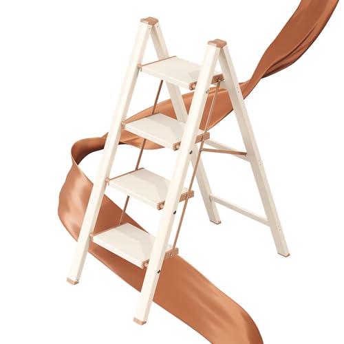 4 Step Ladder, Folding Step Stool with Wider Pedal, Anti-Slip Feet & Non Slip Stripes, Aluminum Sturdy Material, 300Lbs Capacity, Elegant Look of Cream Chocolate Better Matches Your Home - color: Cream Chocolate, size: 4 Step