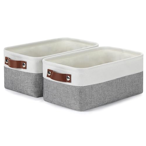 DULLEMELO Storage Baskets for Shelves, Small Fabric Storage Bins with Handles, Decorative Foldable closet storage baskets for organizing shelves(White&Grey, 2 Pack) - color: White&Grey-Leather Handles, size: 2P-11.8"x7.9"x5.1"