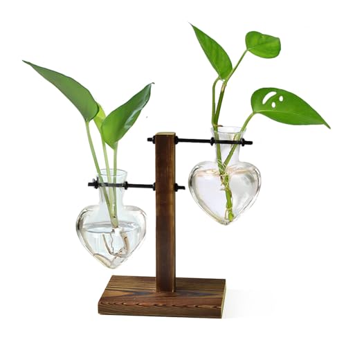 XXXFLOWER Plant Terrarium Wooden Stand, Hydroponic Planter Bulb Glass Metal Swivel Holder Retro Air Plants Water Plants for Home Office Decoration,Gifts for Plant Lover Wife Mom- 2 Love Bulb Vase - color: Transparent
