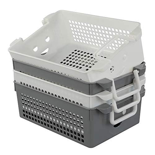 Stackable Plastic Storage Baskets/Bins Organizer with Handles, Set of 4 (White, Grey) - size: stacking baskets