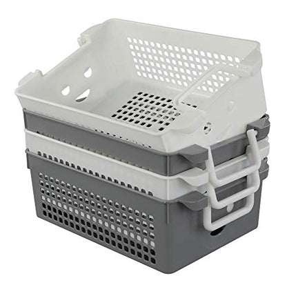 Stackable Plastic Storage Baskets/Bins Organizer with Handles, Set of 4 (White, Grey) - size: stacking baskets